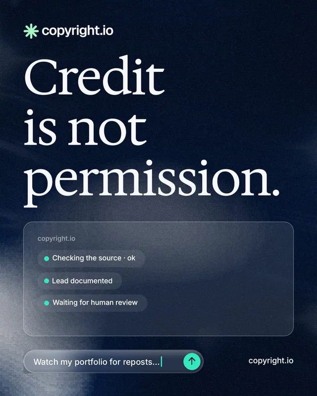 Instagram portrait post for copyright.io: "Credit is not permission." Thermal style, poster layout, dark palette in blue, black, grey.
