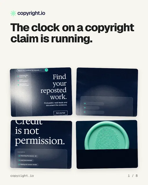 Carousel for copyright.io: "The clock on a copyright claim is running.". Collection carousel, 8 slides, light palette.