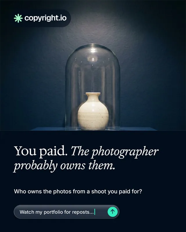 Instagram portrait post for copyright.io: "You paid. The photographer probably owns them." Agentic glass style, bottom layout, dark palette in black, blue, grey.