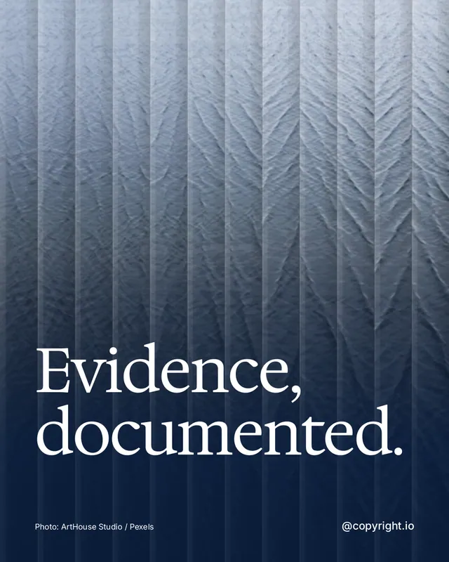 Instagram portrait post for copyright.io: "Evidence, documented." Photo style, technique:fluted glass layout, dark palette in blue, grey.