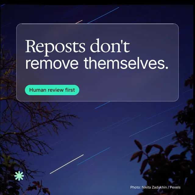 Instagram post for copyright.io: "Reposts don't remove themselves." Glass style, technique:pexels ingredient layout, dark palette in blue, black.