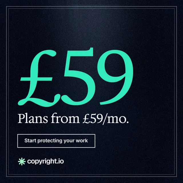 Instagram post for copyright.io: "Your content is being stolen. Put an agent on it." Dark deco style, stat layout, dark palette in black, blue, teal.