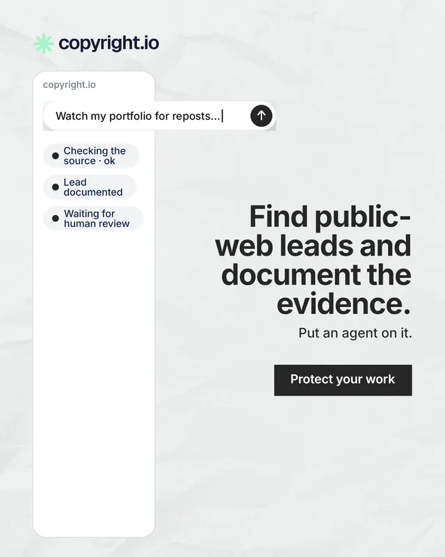 Instagram portrait post for copyright.io: "Find public-web leads and document the evidence." Swiss style, right layout, light palette in white, grey.