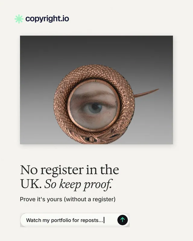 Instagram portrait post for copyright.io: "No register in the UK. So keep proof." Agentic glass style, bottom layout, light palette in white, grey.
