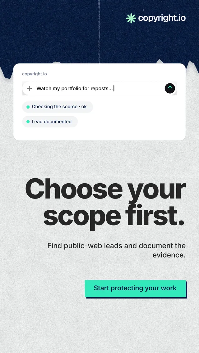Instagram story for copyright.io: "Choose your scope first." Paper trio style, right layout, light palette in white, blue, teal.