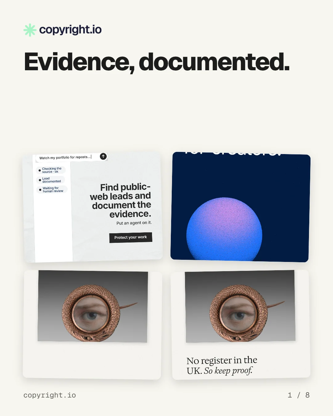Carousel for copyright.io: "Evidence, documented.". Collection carousel, 8 slides, light palette.
