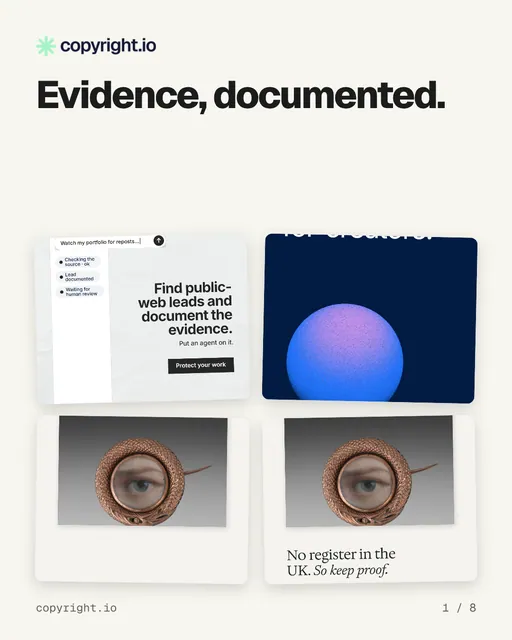 Carousel for copyright.io: "Evidence, documented.". Collection carousel, 8 slides, light palette.