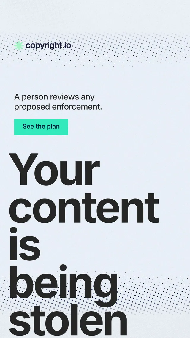 Instagram story for copyright.io: "Your content is being stolen." Swiss style, oversized layout, light palette in white, blue, grey.