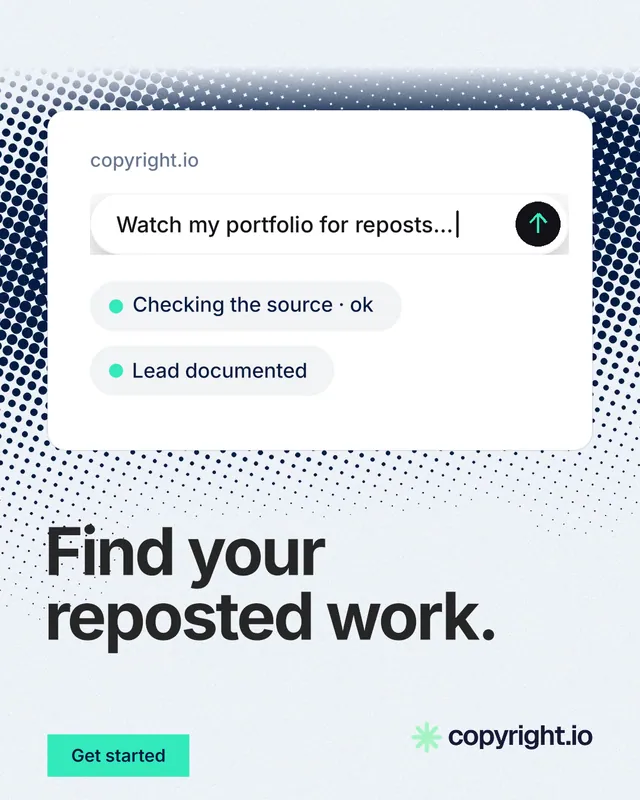 Instagram portrait post for copyright.io: "Find your reposted work." Swiss style, bottom layout, light palette in white, grey, teal.