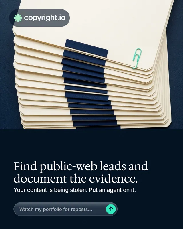 Instagram portrait post for copyright.io: "Find public-web leads and document the evidence." Agentic glass style, bottom layout, dark palette in yellow, black, blue.