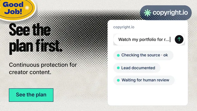 Landscape graphic for copyright.io: "See the plan first." Ink sticker style, bottom layout, light palette in white, grey.
