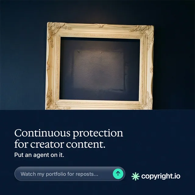 Instagram post for copyright.io: "Continuous protection for creator content." Agentic glass style, bottom layout, dark palette in black, blue, grey.