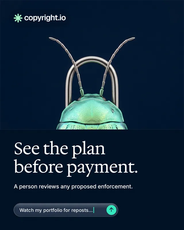 Instagram portrait post for copyright.io: "See the plan before payment." Agentic glass style, bottom layout, dark palette in black, blue.