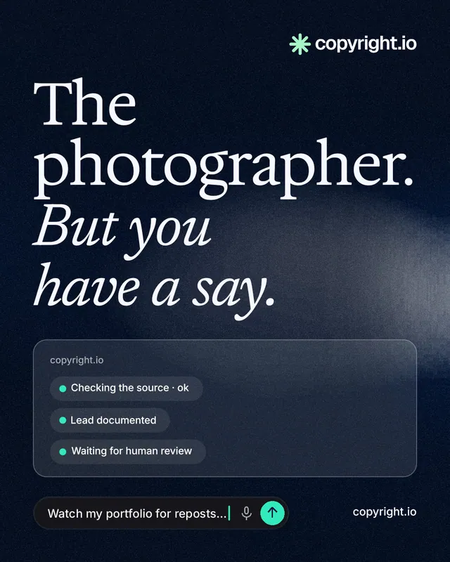 Instagram portrait post for copyright.io: "The photographer. But you have a say." Thermal style, poster layout, dark palette in blue, black, grey.