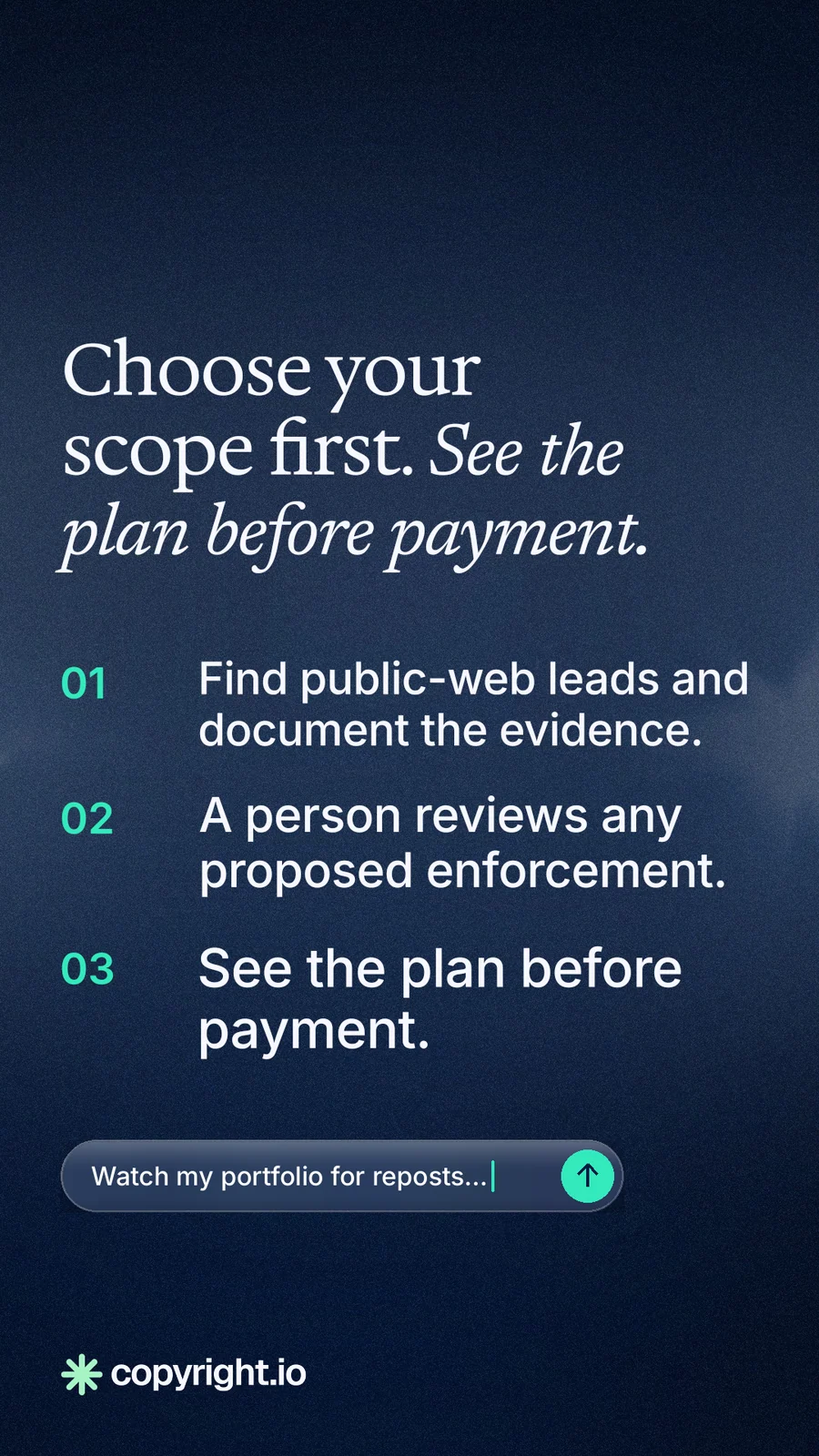 Instagram story for copyright.io: "Choose your scope first. See the plan before payment." Agentic glass style, numbered layout, dark palette in blue, black.