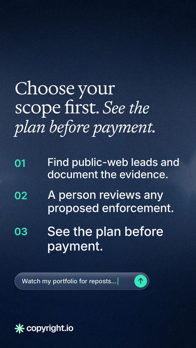Instagram story for copyright.io: "Choose your scope first. See the plan before payment." Agentic glass style, numbered layout, dark palette in blue, black.