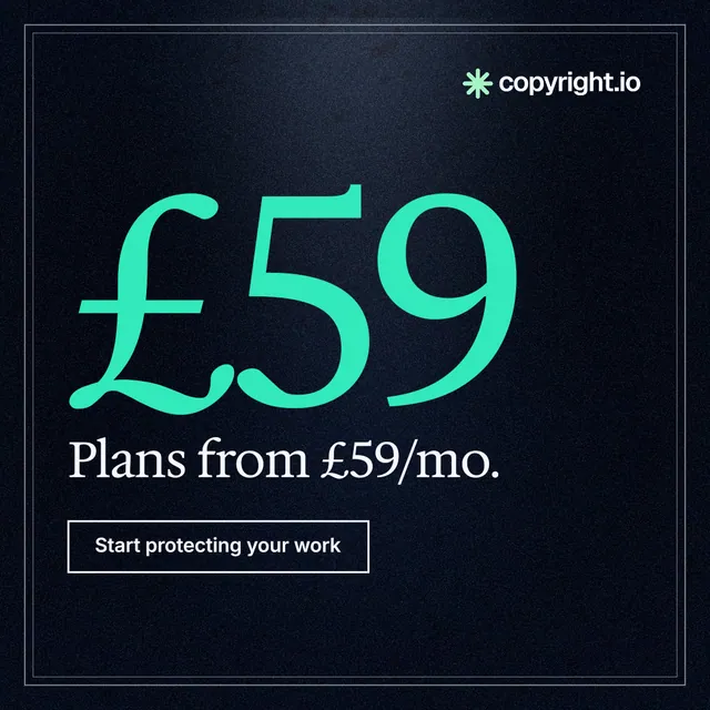 Instagram post for copyright.io: "Put an agent on it." Dark deco style, stat layout, dark palette in black, teal.