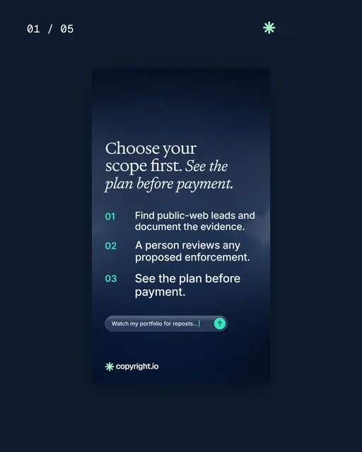 Video for copyright.io. Ad flipbook, 7.5 s, dark palette.