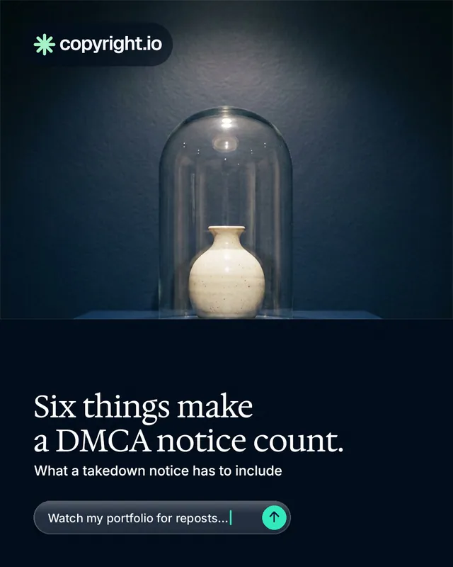 Instagram portrait post for copyright.io: "Six things make a DMCA notice count." Agentic glass style, bottom layout, dark palette in blue, black, grey.