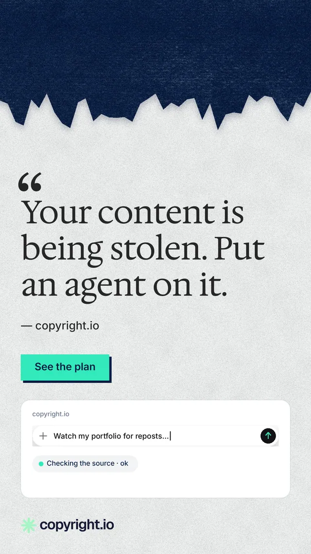 Instagram story for copyright.io: "Your content is being stolen. Put an agent on it." Paper trio style, quote layout, light palette in white, blue.