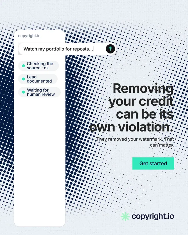 Instagram portrait post for copyright.io: "Removing your credit can be its own violation." Swiss style, right layout, light palette in white, blue, grey.