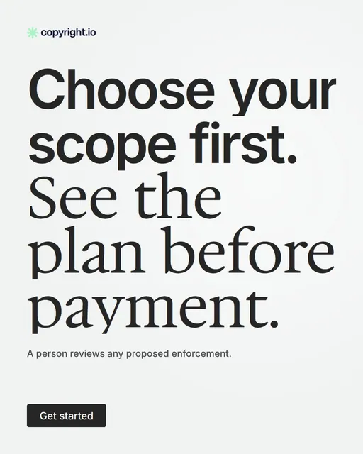 Video for copyright.io: "Choose your scope first. See the plan before payment.". Doc motion loop, 7.0 s, light palette.