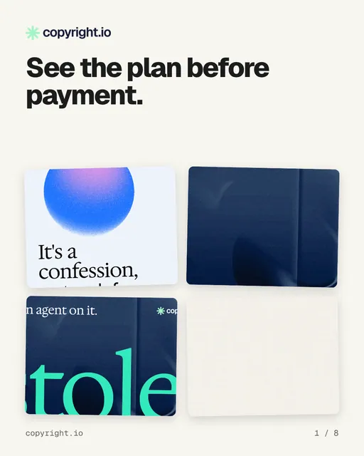 Carousel for copyright.io: "See the plan before payment.". Collection carousel, 8 slides, light palette.