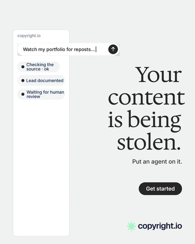 Instagram portrait post for copyright.io: "Your content is being stolen." Data card style, right layout, light palette in white.