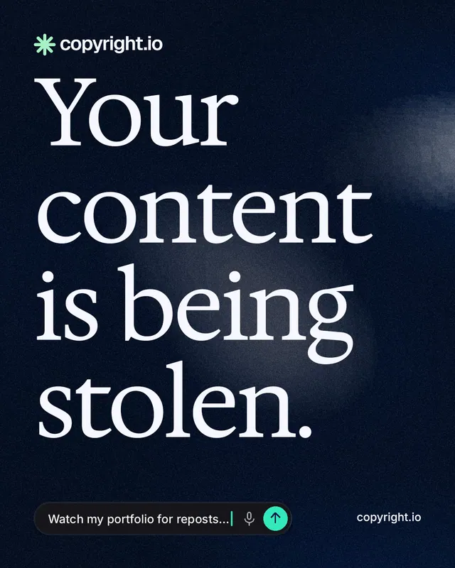 Instagram portrait post for copyright.io: "Your content is being stolen." Thermal style, poster layout, dark palette in black, grey.