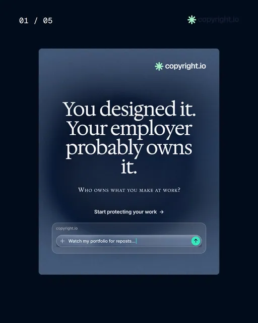 Video for copyright.io. Ad flipbook, 7.5 s, dark palette.