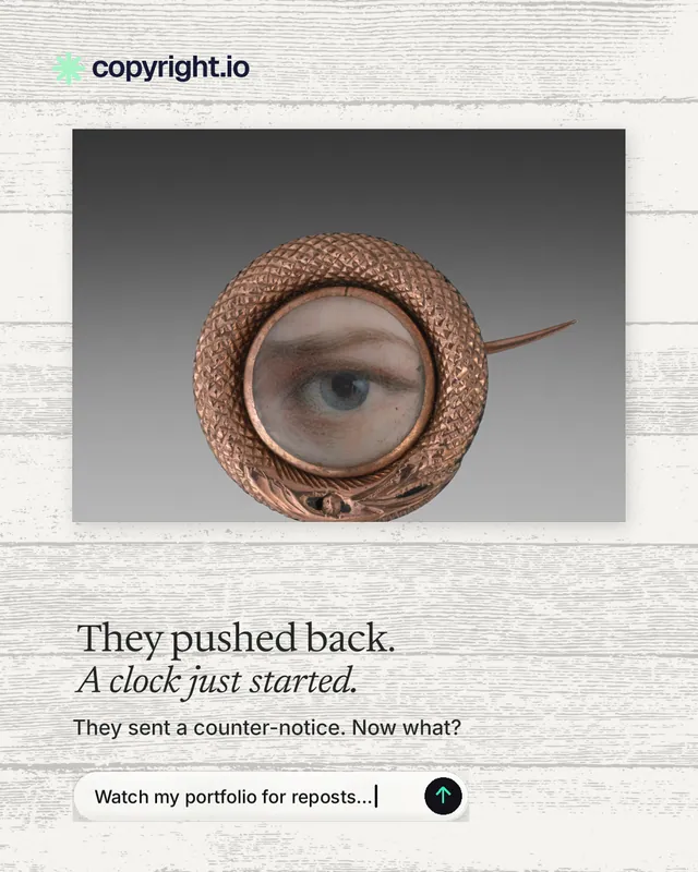 Instagram portrait post for copyright.io: "They pushed back. A clock just started." Agentic glass style, bottom layout, light palette in white, grey.