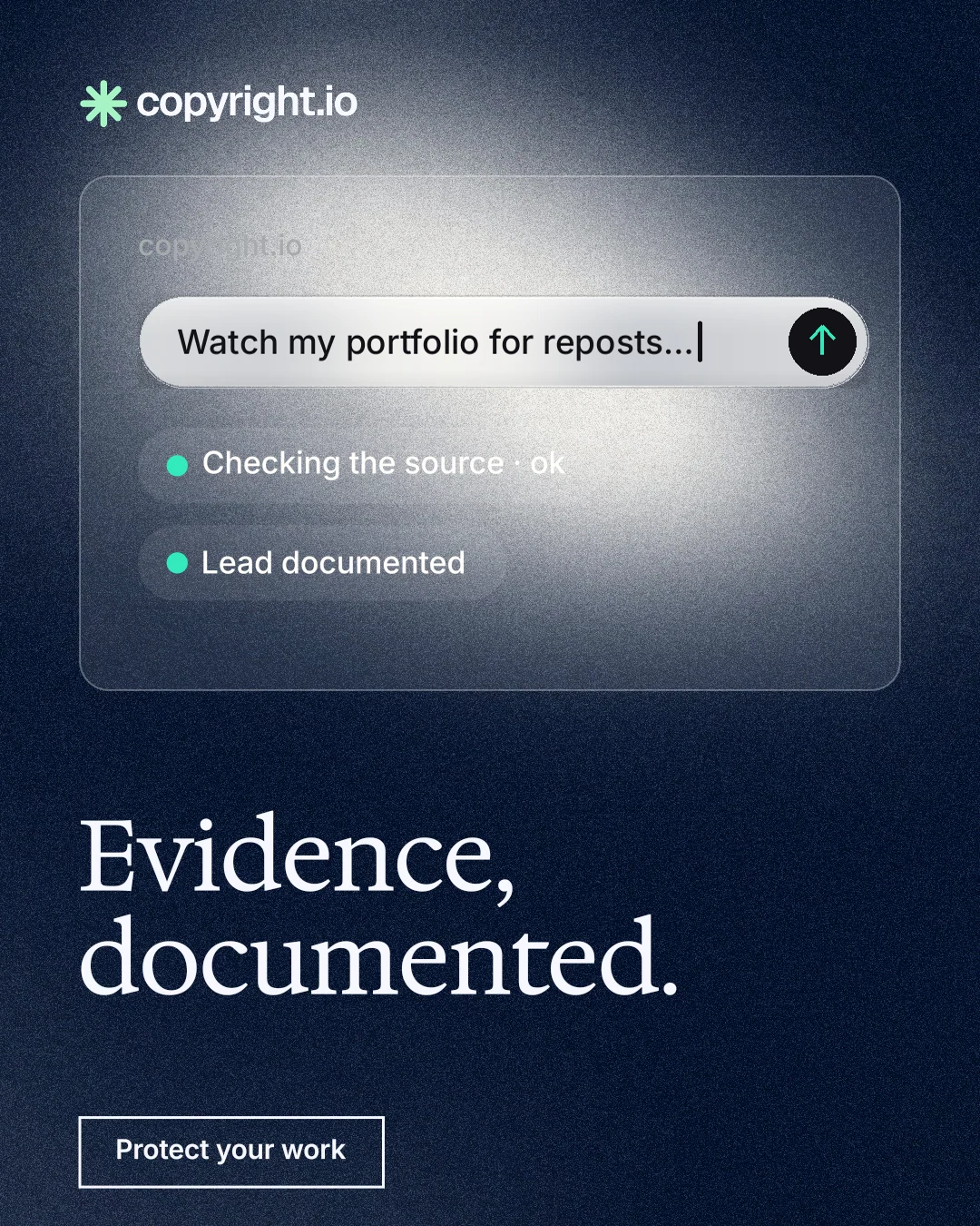 Instagram portrait post for copyright.io: "Evidence, documented." Cyanotype style, bottom layout, dark palette in black, grey, blue.