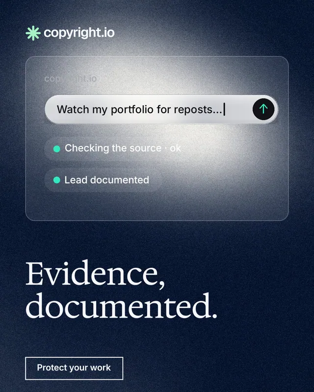 Instagram portrait post for copyright.io: "Evidence, documented." Cyanotype style, bottom layout, dark palette in black, grey, blue.