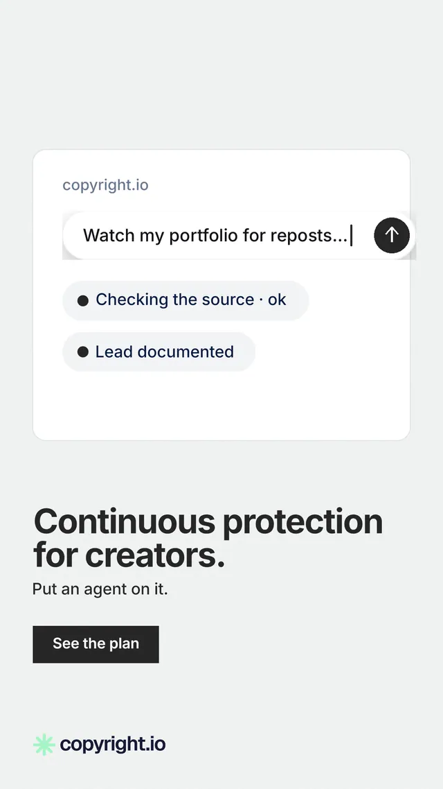 Instagram story for copyright.io: "Continuous protection for creators." Swiss style, bottom layout, light palette in white.