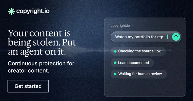 Social ad for copyright.io: "Your content is being stolen. Put an agent on it." Dark deco style, bottom layout, dark palette in blue, black, grey.