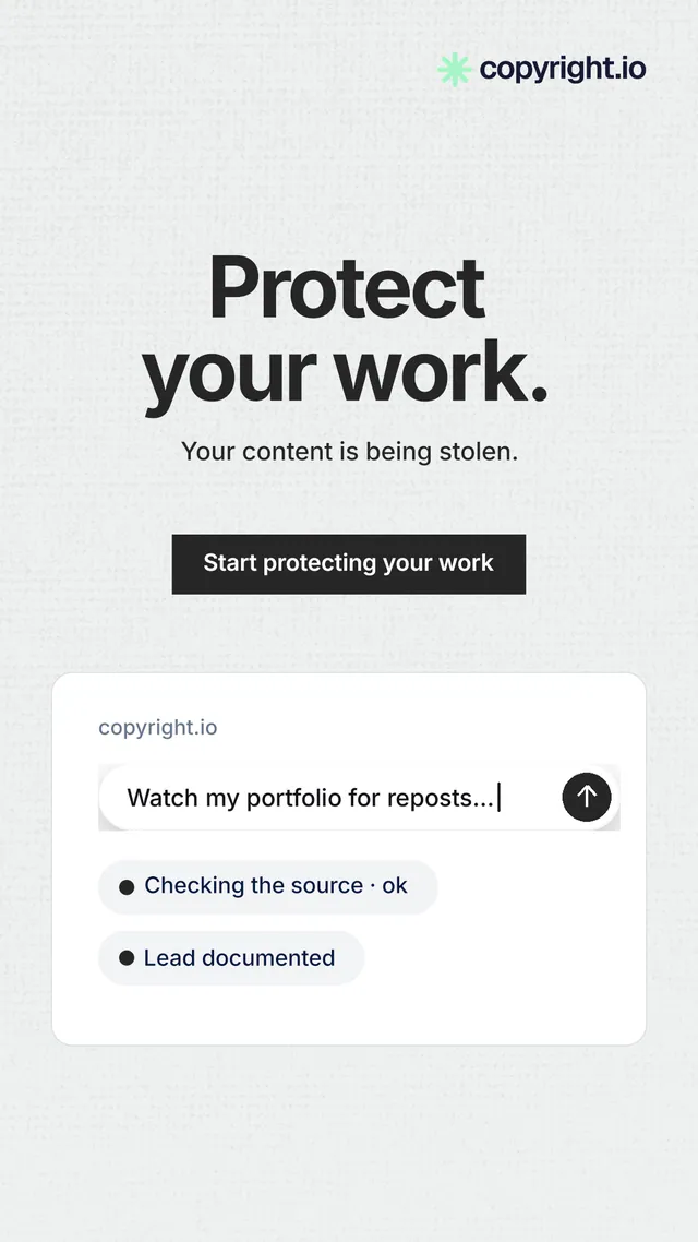Instagram story for copyright.io: "Protect your work." Swiss style, centred layout, light palette in white, grey.