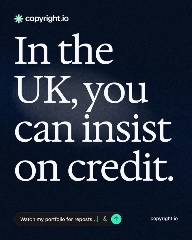 Instagram portrait post for copyright.io: "In the UK, you can insist on credit." Thermal style, poster layout, dark palette in black, blue, grey.