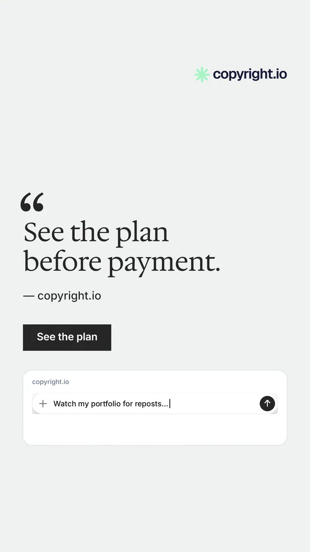 Instagram story for copyright.io: "See the plan before payment." Swiss style, quote layout, light palette in white.