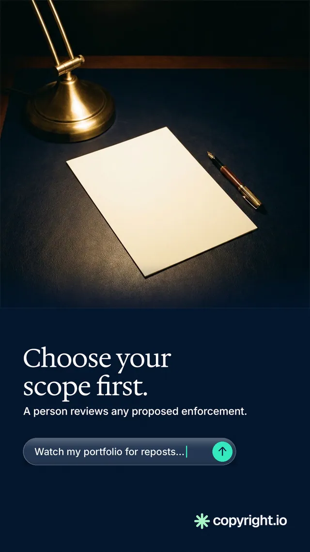 Instagram story for copyright.io: "Choose your scope first." Agentic glass style, bottom layout, dark palette in black, grey.