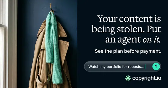 Social ad for copyright.io: "Your content is being stolen. Put an agent on it." Agentic glass style, right layout, dark palette in black, grey.