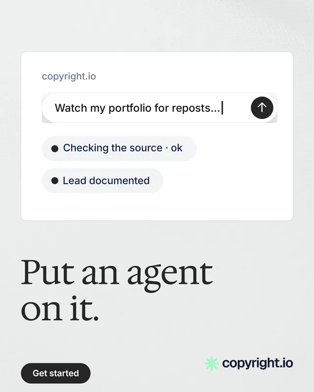 Instagram portrait post for copyright.io: "Put an agent on it." Data card style, bottom layout, light palette in white, grey.