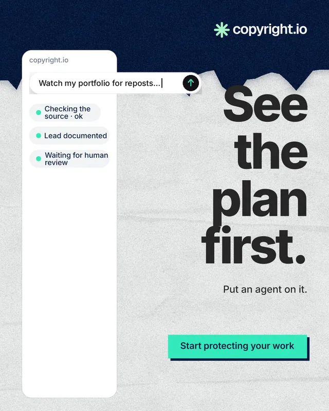 Instagram portrait post for copyright.io: "See the plan first." Paper trio style, right layout, light palette in white, blue.