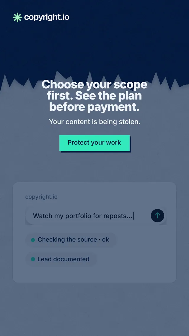 Instagram story for copyright.io: "Choose your scope first. See the plan before payment." Paper trio style, centred layout, dark palette in blue, grey.