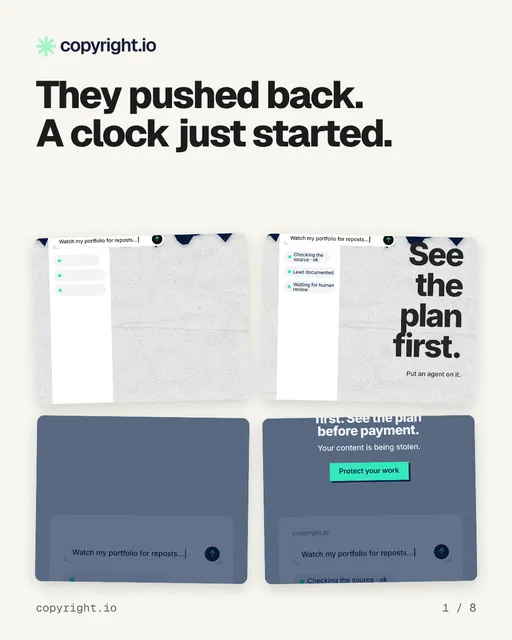 Carousel for copyright.io: "They pushed back. A clock just started.". Collection carousel, 8 slides, light palette.