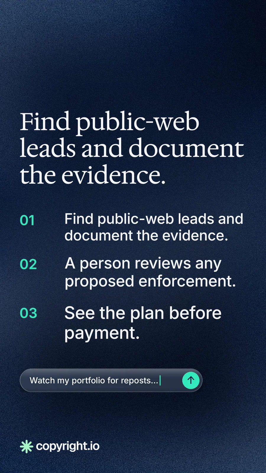 Instagram story for copyright.io: "Find public-web leads and document the evidence." Agentic glass style, numbered layout, dark palette in blue, black, grey.