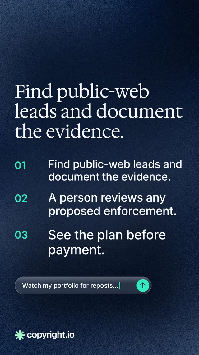 Instagram story for copyright.io: "Find public-web leads and document the evidence." Agentic glass style, numbered layout, dark palette in blue, black, grey.