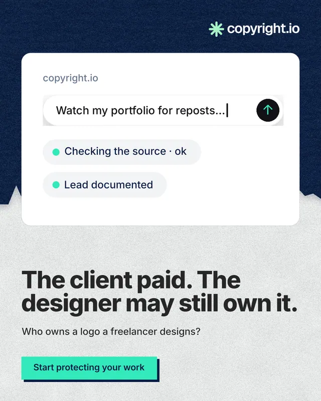 Instagram portrait post for copyright.io: "The client paid. The designer may still own it." Paper trio style, bottom layout, light palette in white, blue, grey.