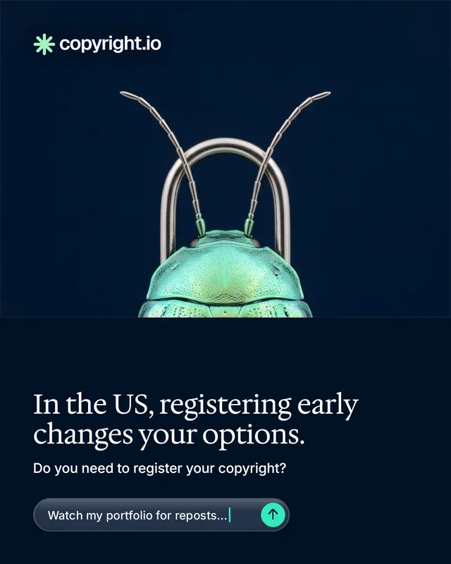 Instagram portrait post for copyright.io: "In the US, registering early changes your options." Agentic glass style, bottom layout, dark palette in black, grey, blue.