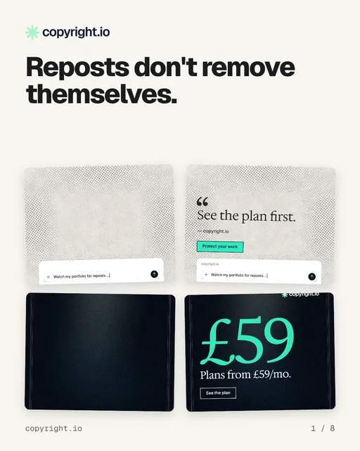 Carousel for copyright.io: "Reposts don't remove themselves.". Collection carousel, 8 slides, light palette.