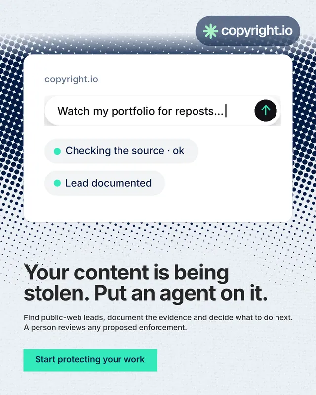Instagram portrait post for copyright.io: "Your content is being stolen. Put an agent on it." Swiss style, bottom layout, light palette in white, grey, teal.
